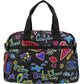 Brighton handbag with black nylon body featuring colorful travel-themed graphic print and dual black top handles on a white background
