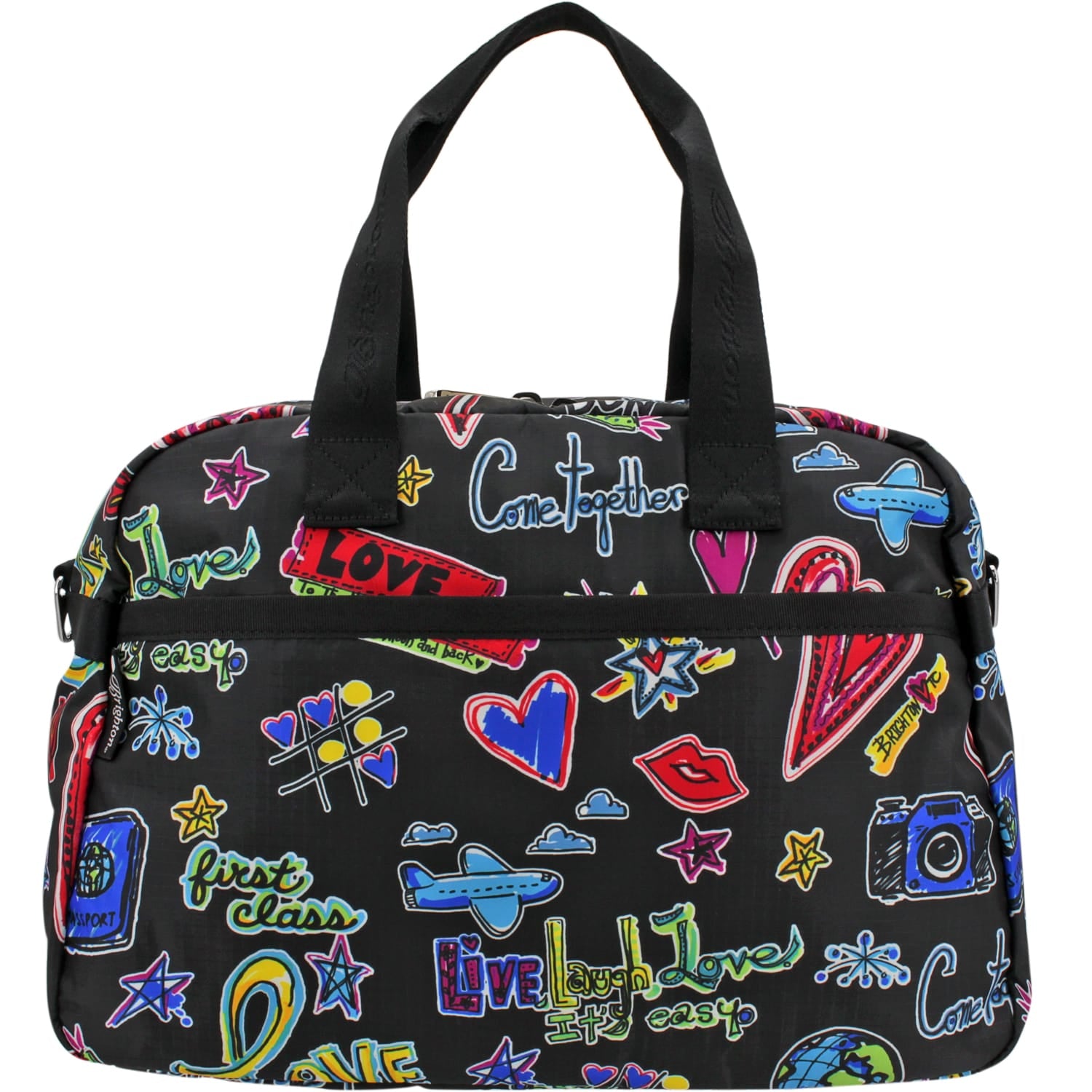 Brighton handbag with black nylon body featuring colorful travel-themed graphic print and dual black top handles on a white background