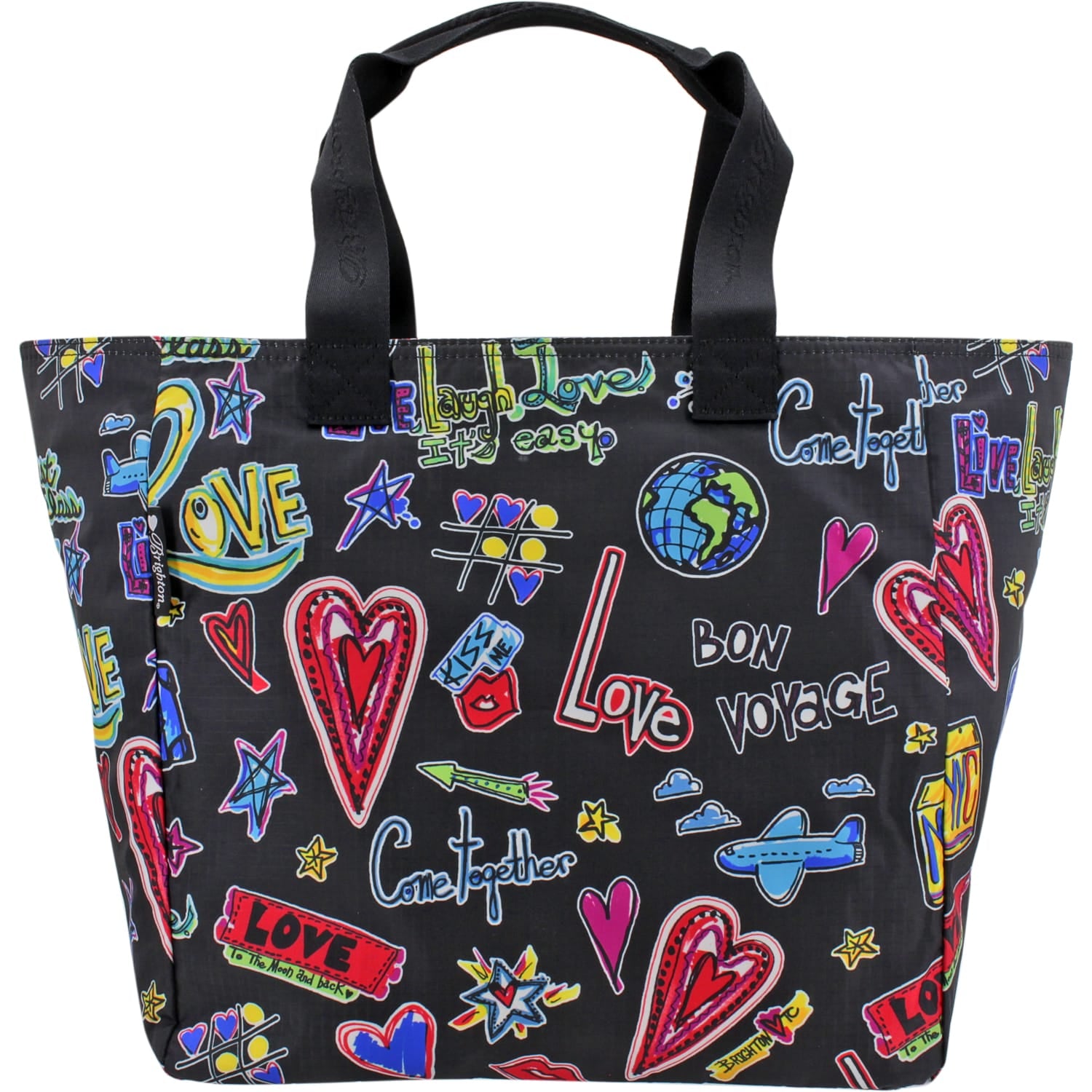 Brighton tote handbag with colorful graphic print of hearts, love slogans, and travel motifs on a white background