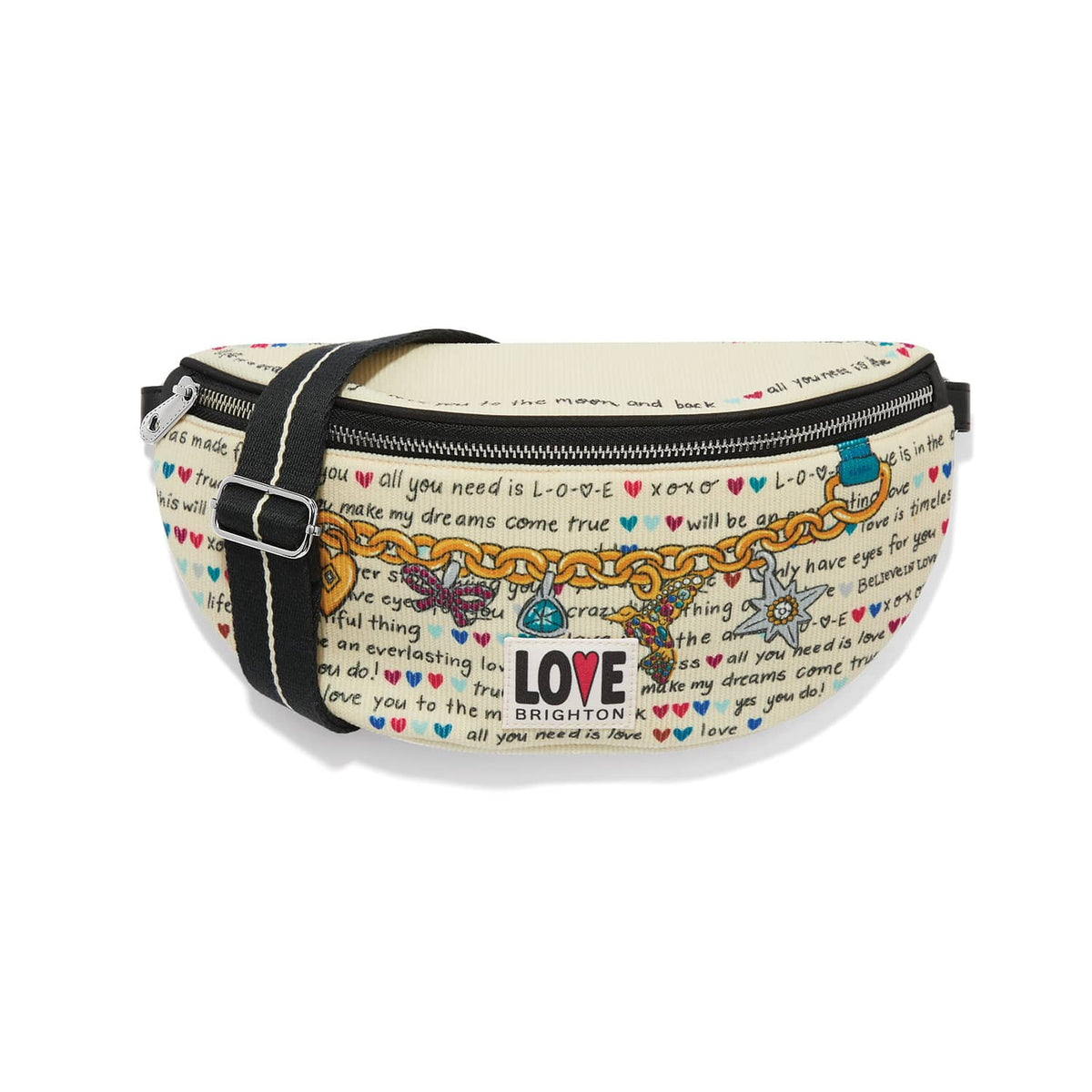 Brighton belt bag with illustrated charm bracelet print, love script text, and black adjustable strap on a white background