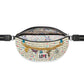 Brighton belt bag shown open with love-themed script print, charm bracelet graphic, and adjustable strap on a white background