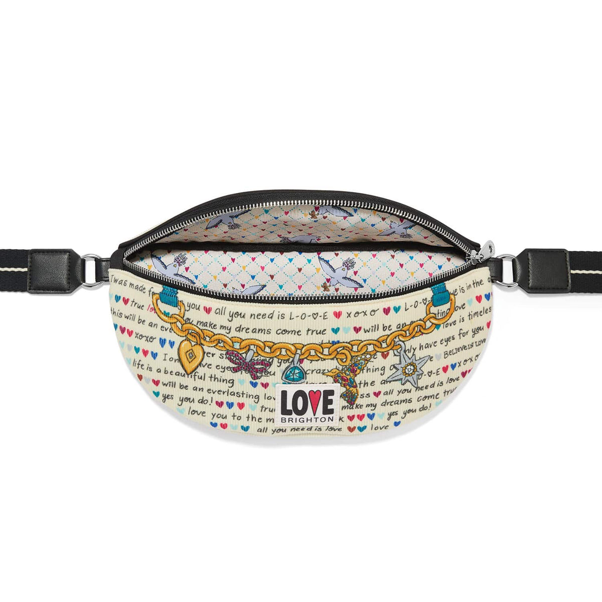 Brighton belt bag shown open with love-themed script print, charm bracelet graphic, and adjustable strap on a white background