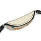 Brighton bag strap with cream fabric, colorful heart motifs, printed love phrases, and black adjustable ends on a white background