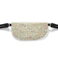 Brighton belt bag with cream fabric, love phrases print, colorful hearts, and black adjustable strap on a white background