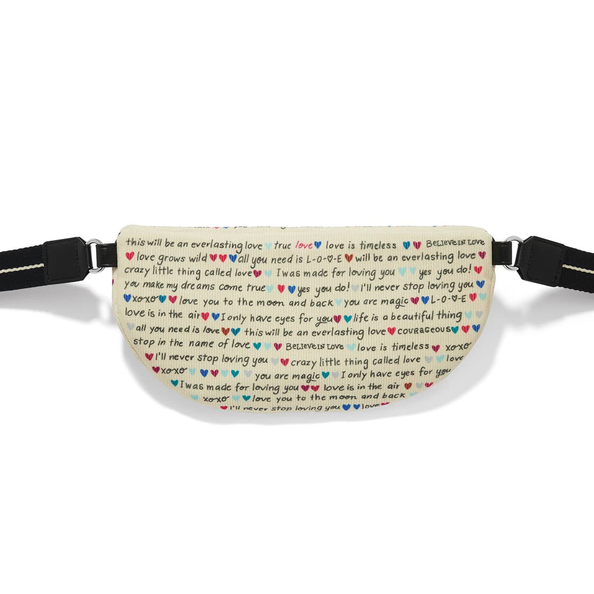 Brighton belt bag with cream fabric, love phrases print, colorful hearts, and black adjustable strap on a white background