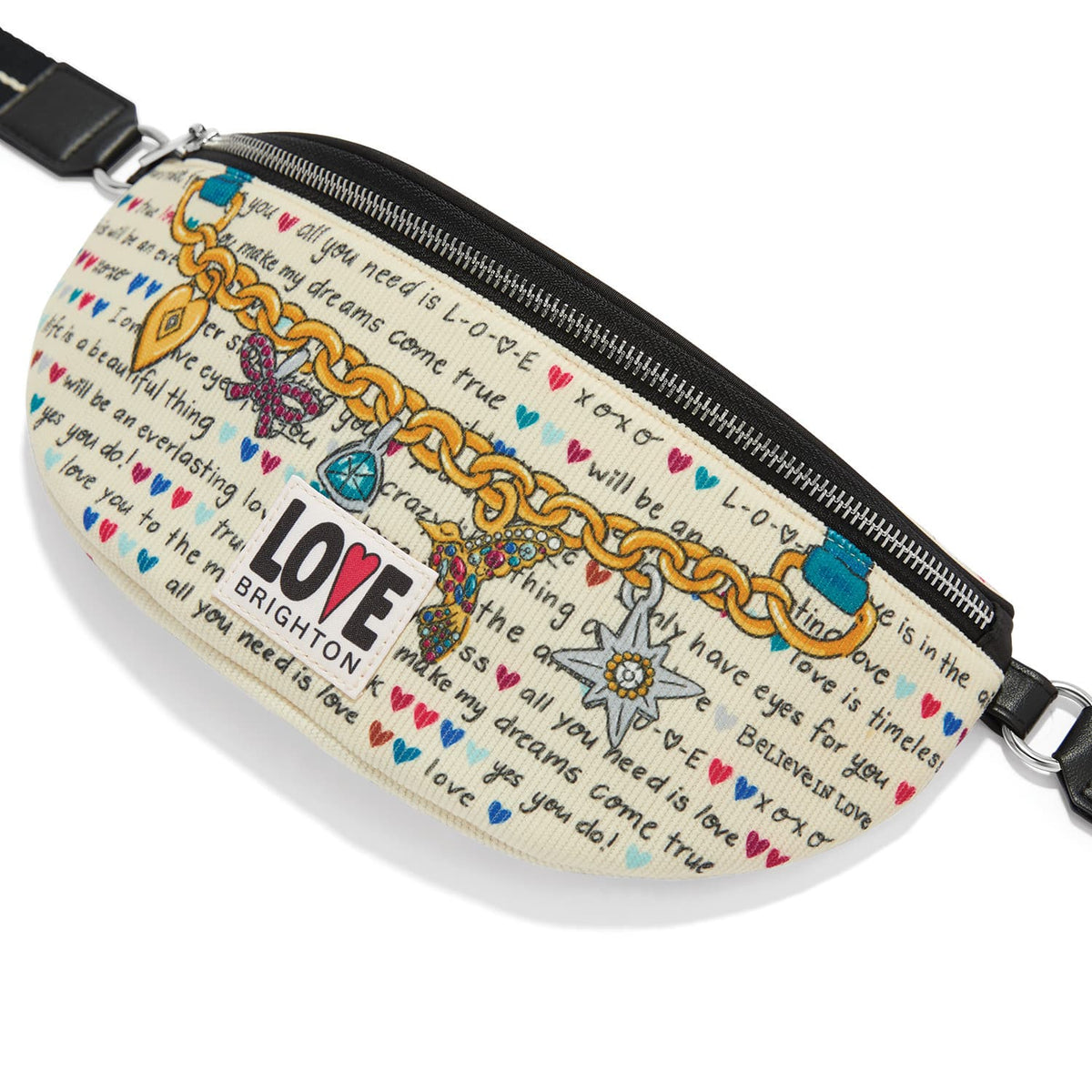 Brighton belt bag with illustrated charm bracelet print, love script text, and black leather strap on a white background