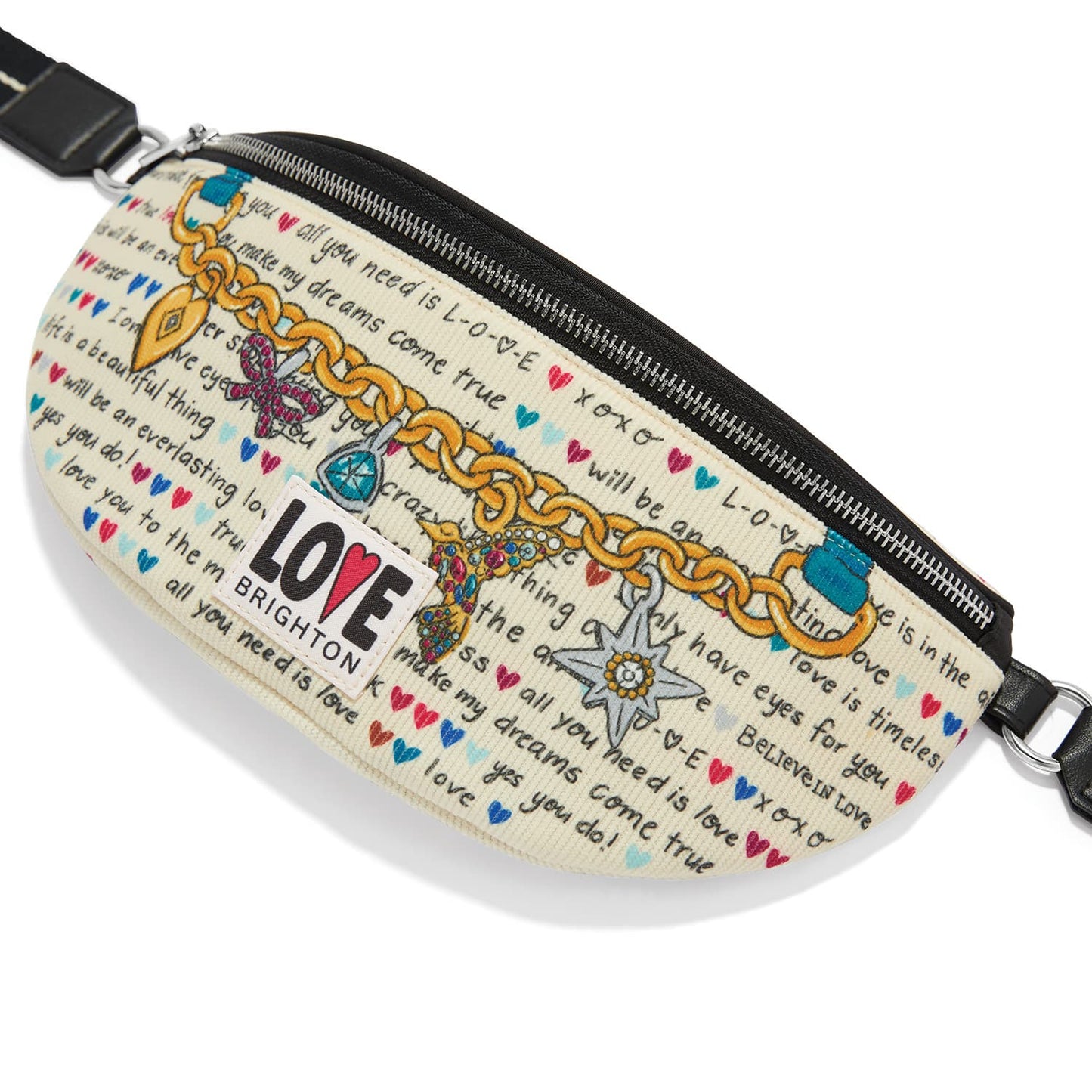 Brighton belt bag with illustrated charm bracelet print, love script text, and black leather strap on a white background