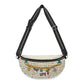 Brighton belt bag with love-themed script print, charm illustrations, and adjustable black crossbody strap on a white background