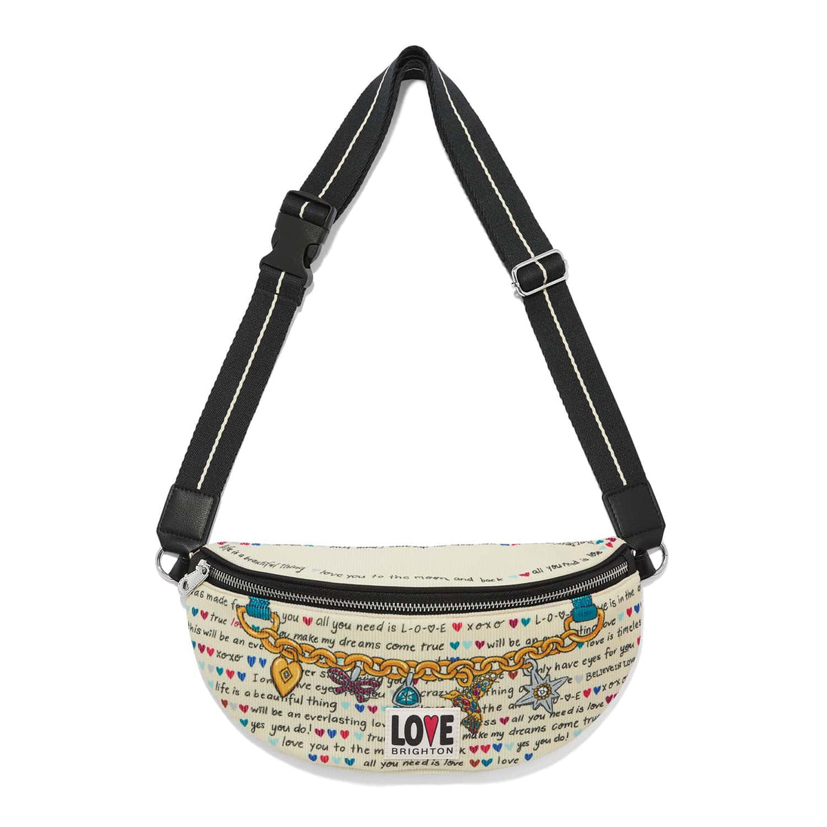 Brighton belt bag with love-themed script print, charm illustrations, and adjustable black crossbody strap on a white background