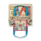 Brighton canvas tote bag shown open with LOVE print, dove interior pocket, and blue straps on a white background