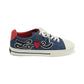 Brighton denim lace-up sneakers with embroidered Love script, red heart, red leather heel, and white toe on a white background