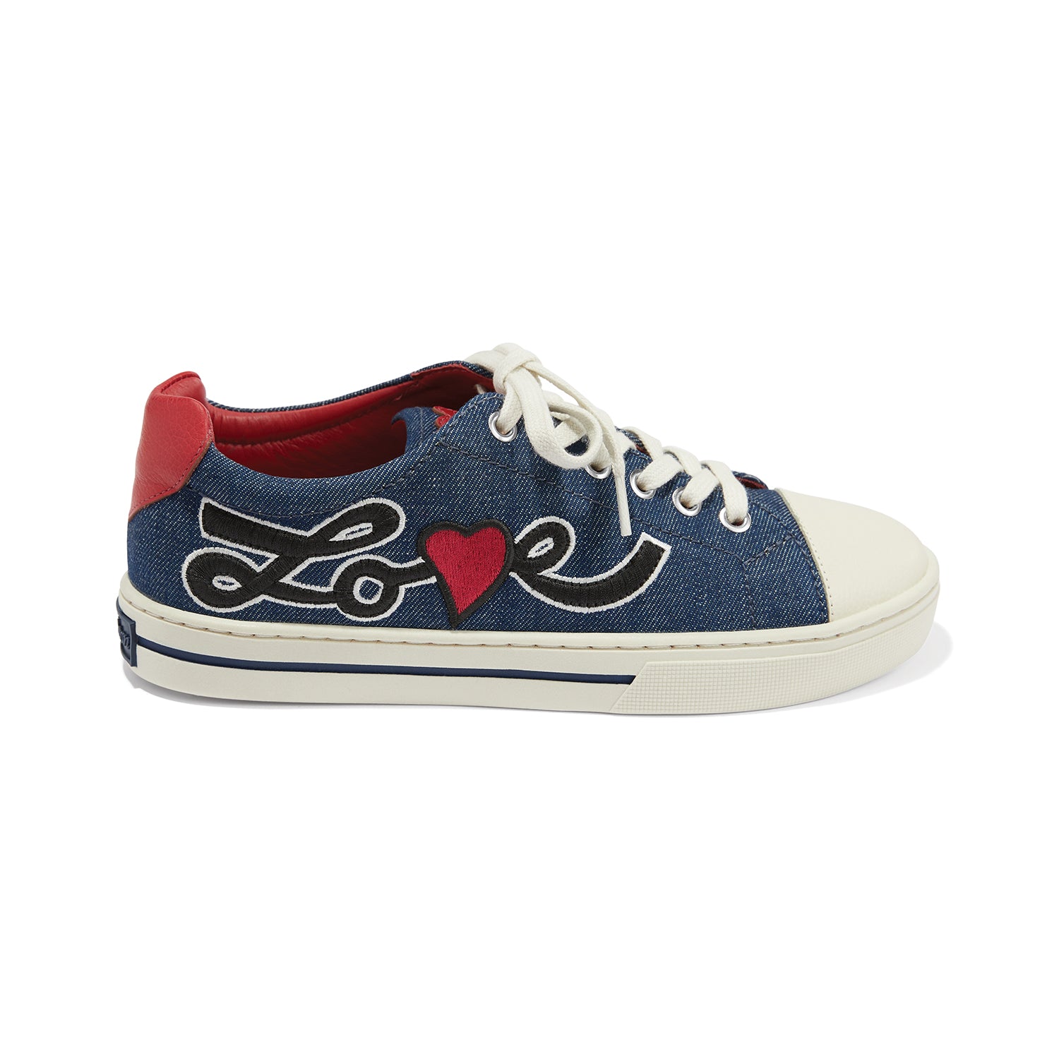 Brighton denim lace-up sneakers with embroidered Love script, red heart, red leather heel, and white toe on a white background