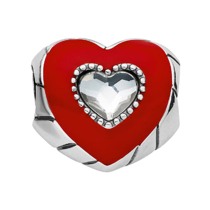 Brighton heart charm with red enamel, silver-plated finish, and faceted crystal heart center on a white background