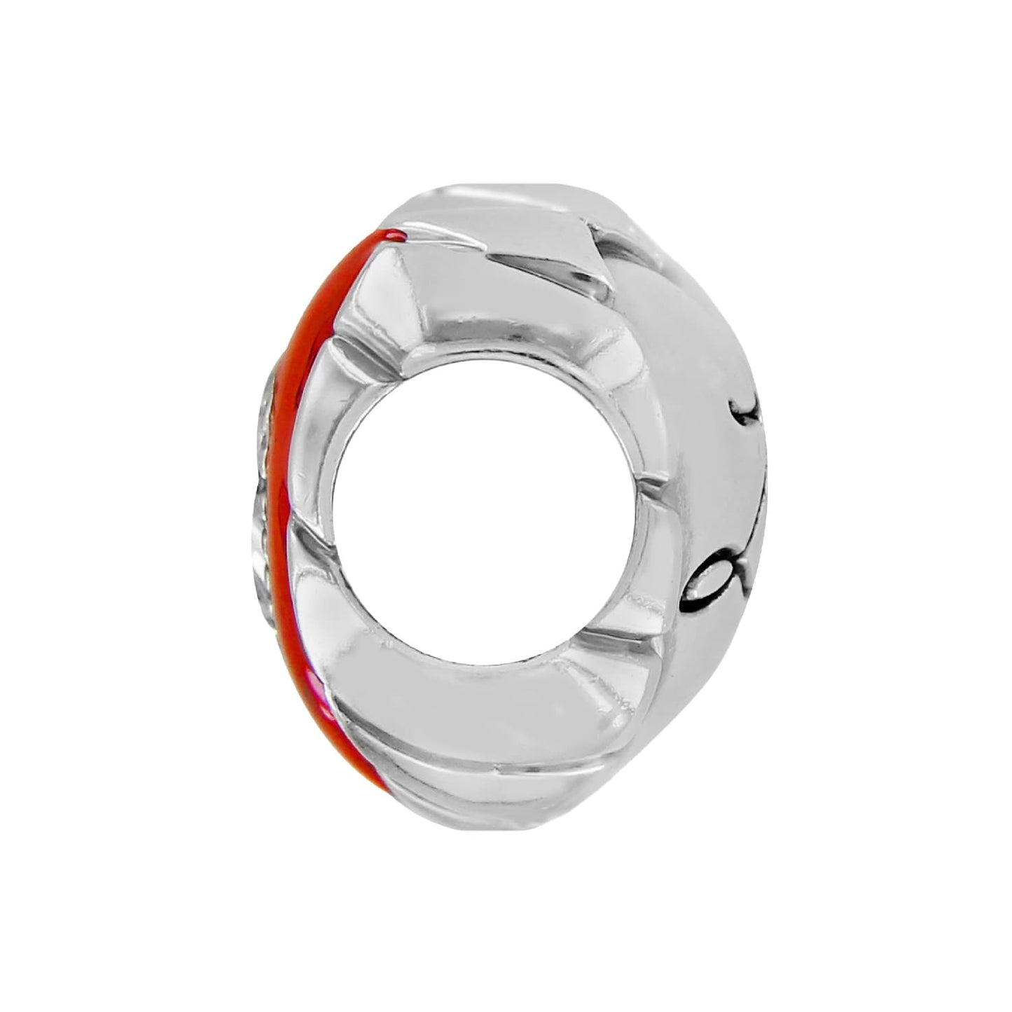 Brighton silver-plated spacer charm shown from the side with ribbed detailing and red enamel accent on a white background