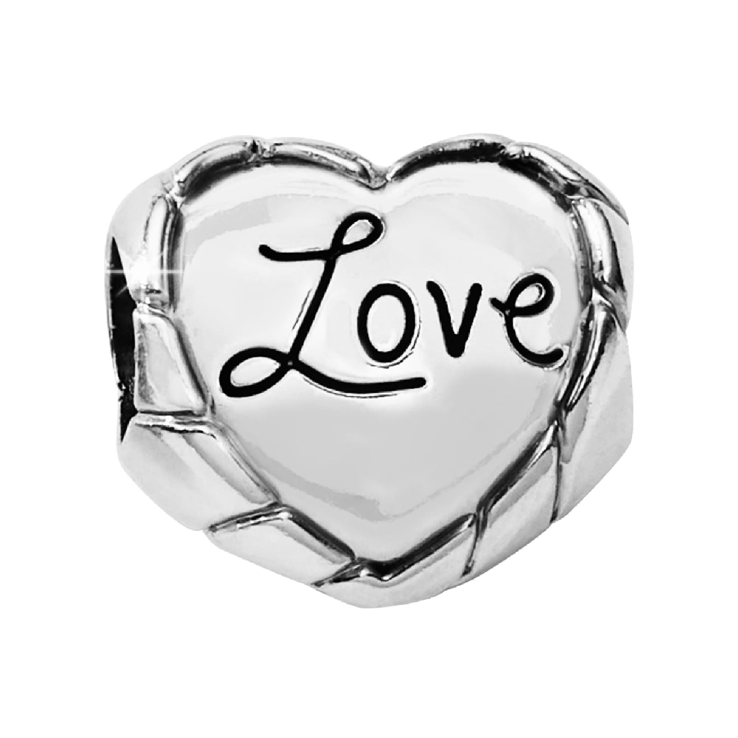 Brighton heart charm with silver-plated finish engraved with cursive Love text and textured borders on a white background