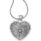 Brighton heart locket necklace with silver-plated sunburst design, center crystal, and foxtail chain on a white background