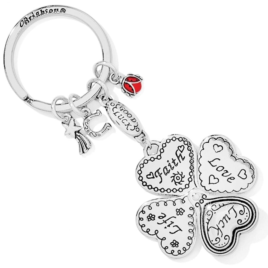 Brighton silver-plated keychain with four-leaf clover heart charms reading Faith, Love, Life, Luck and ladybug on a white background