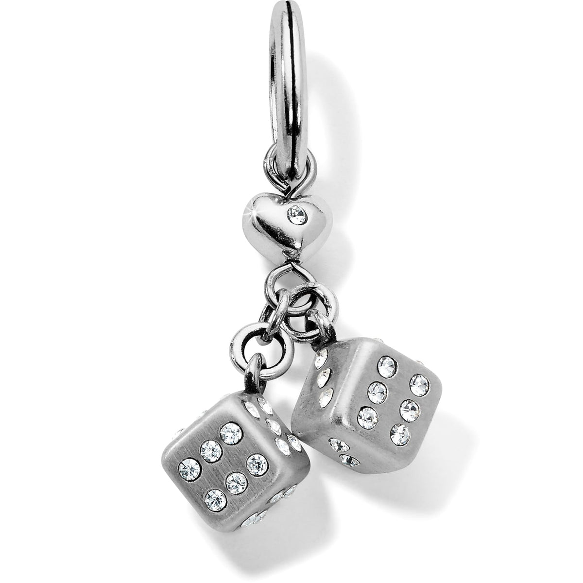 Brighton dice charm with silver-plated finish, crystal accents, and small heart detail above on a white background