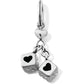 Brighton dice charm with silver-plated heart accent, black heart cutouts, and crystal dot details on a white background