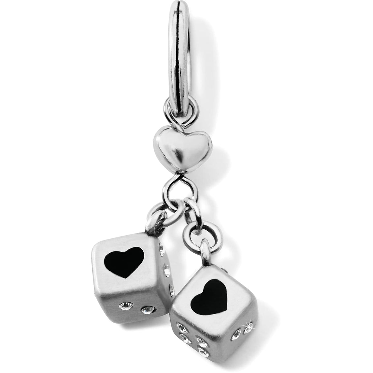 Brighton dice charm with silver-plated heart accent, black heart cutouts, and crystal dot details on a white background