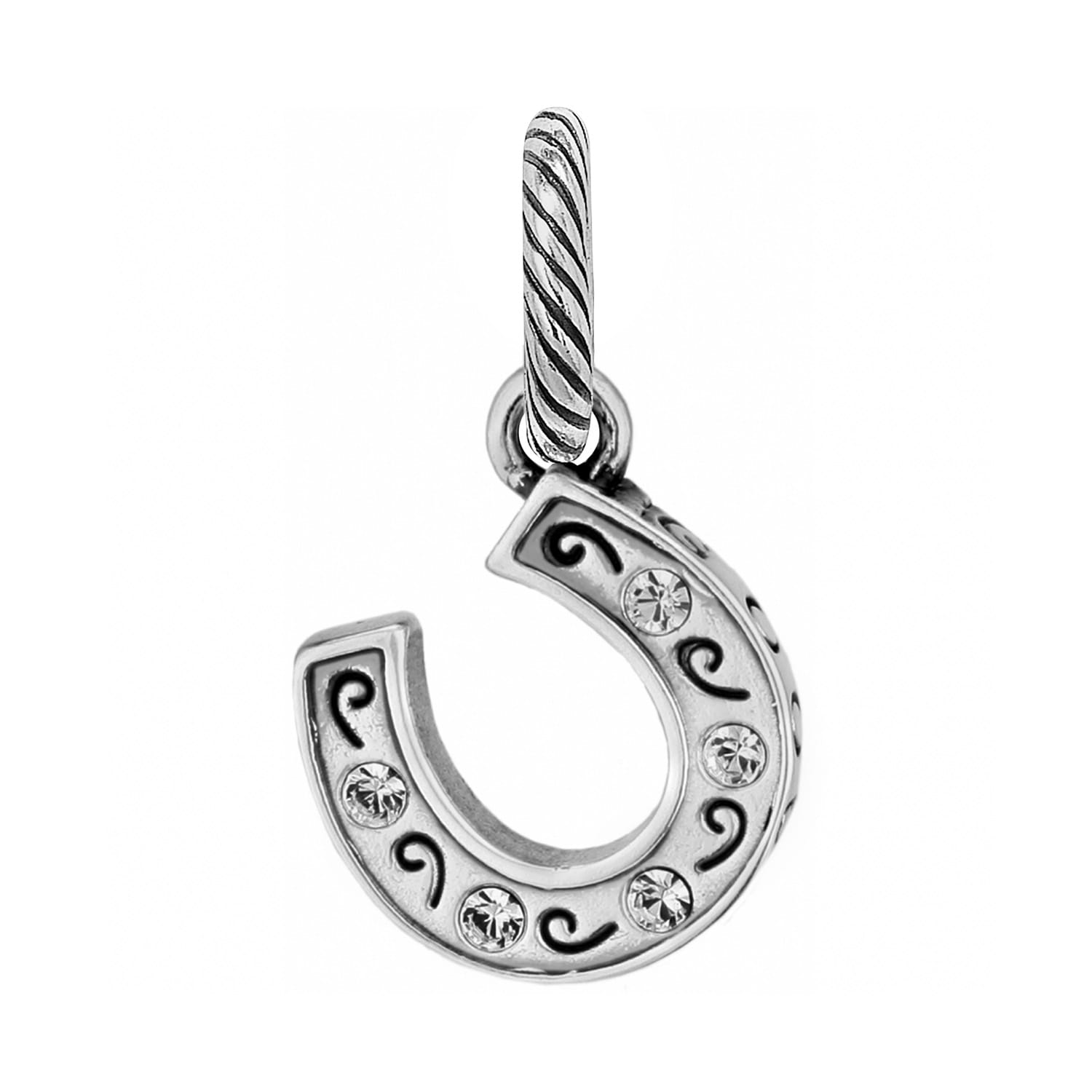 Brighton horseshoe charm with silver-plated scroll detailing and crystal accents on a white background