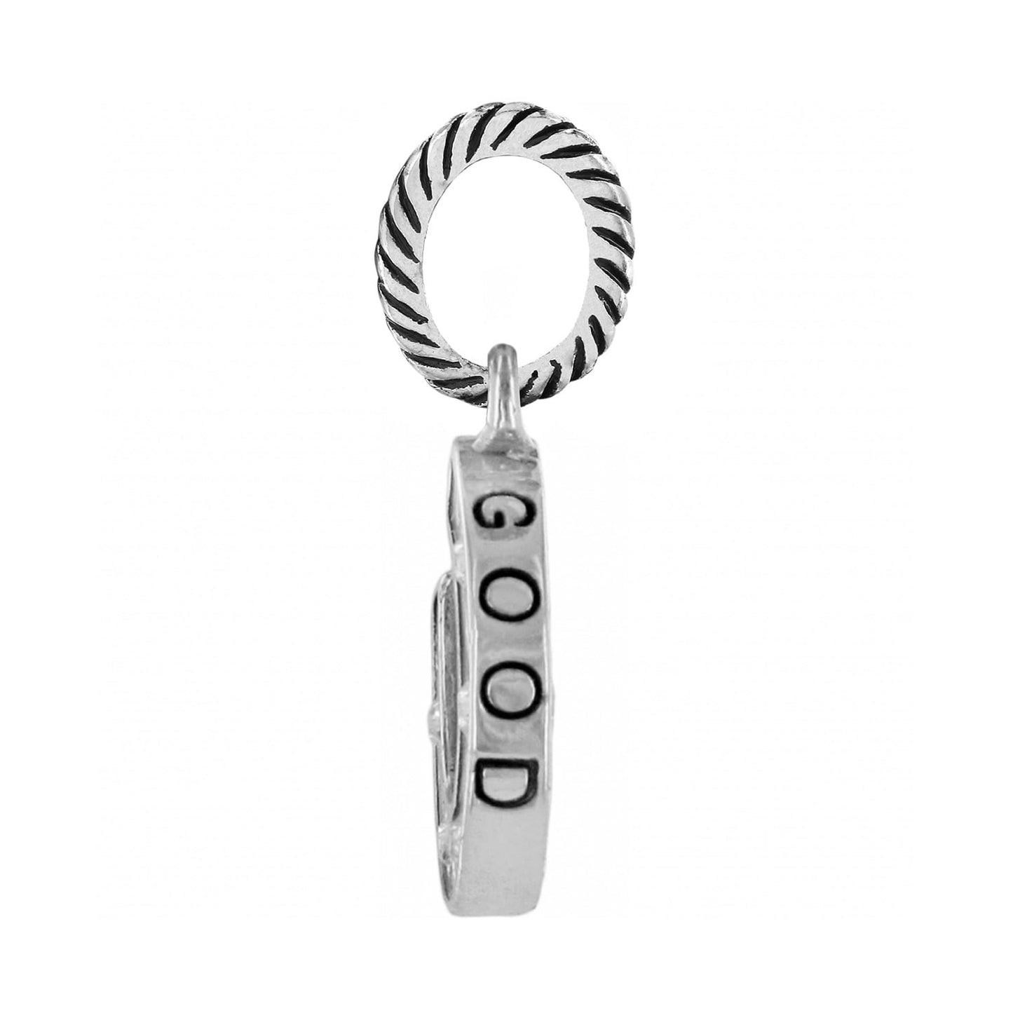 Brighton charm shown from the side with silver-plated band engraved GOOD and rope-textured ring on white background