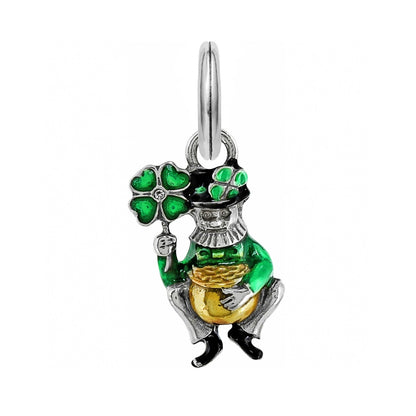 Brighton leprechaun charm with green enamel suit, gold pot, four-leaf clover, and silver-plated ring on a white background