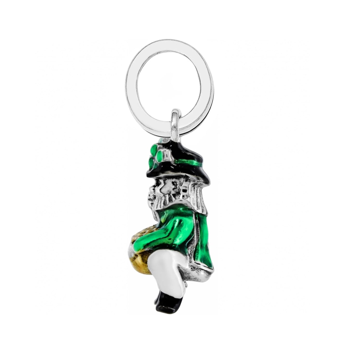 Brighton leprechaun charm with green enamel coat, black hat, and silver-plated ring on a white background