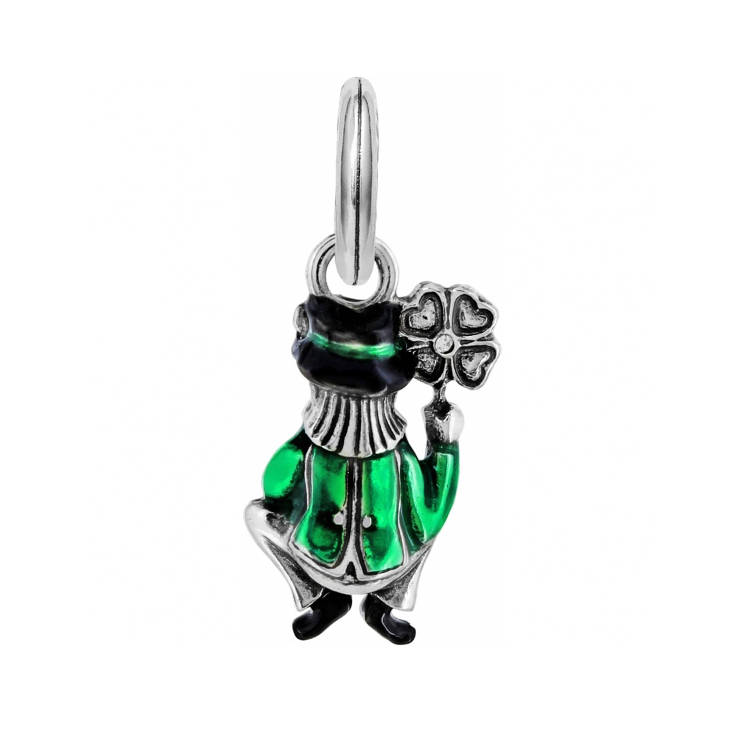 Brighton charm featuring a figure in green coat and black hat holding a four-leaf clover on a white background
