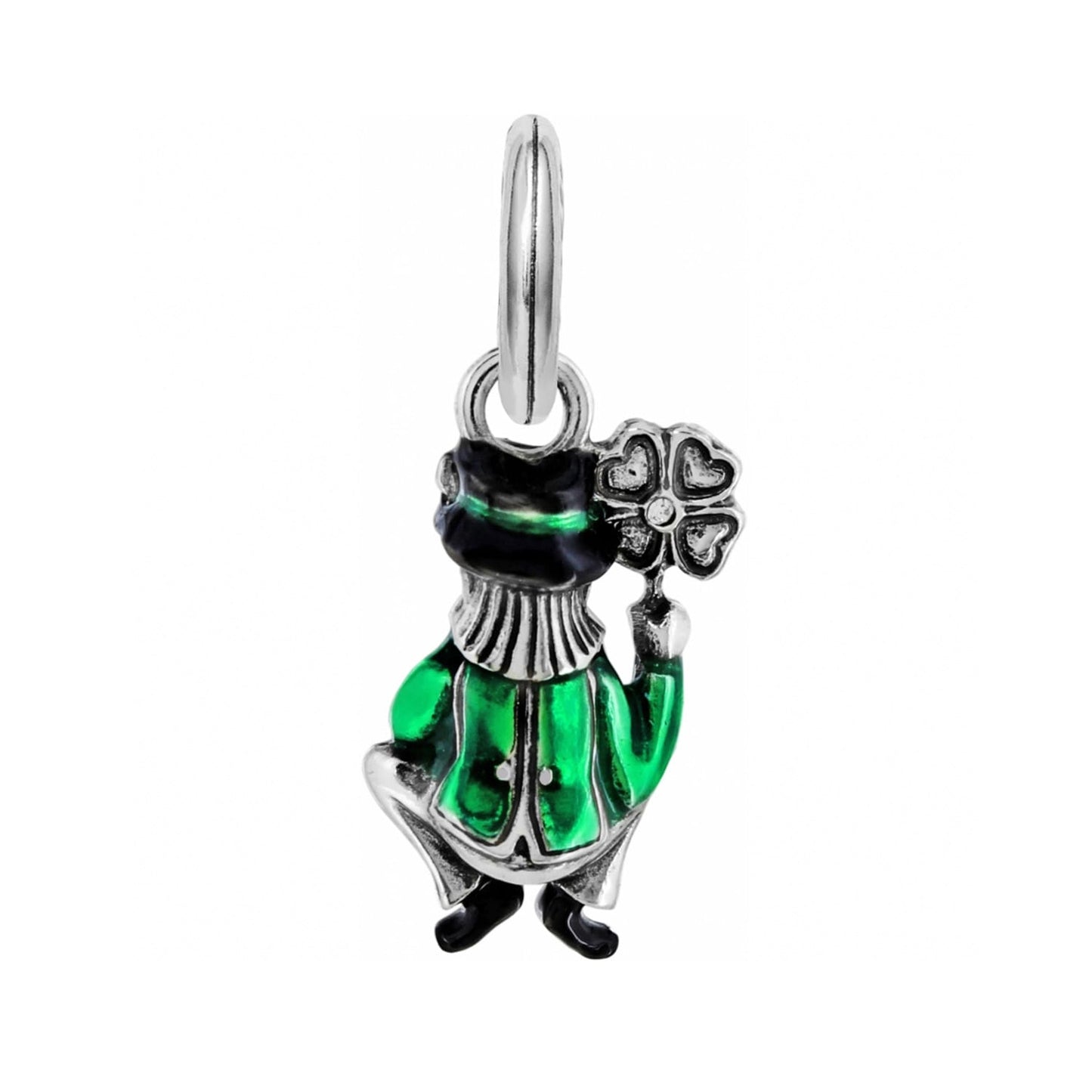 Brighton charm featuring a figure in green coat and black hat holding a four-leaf clover on a white background