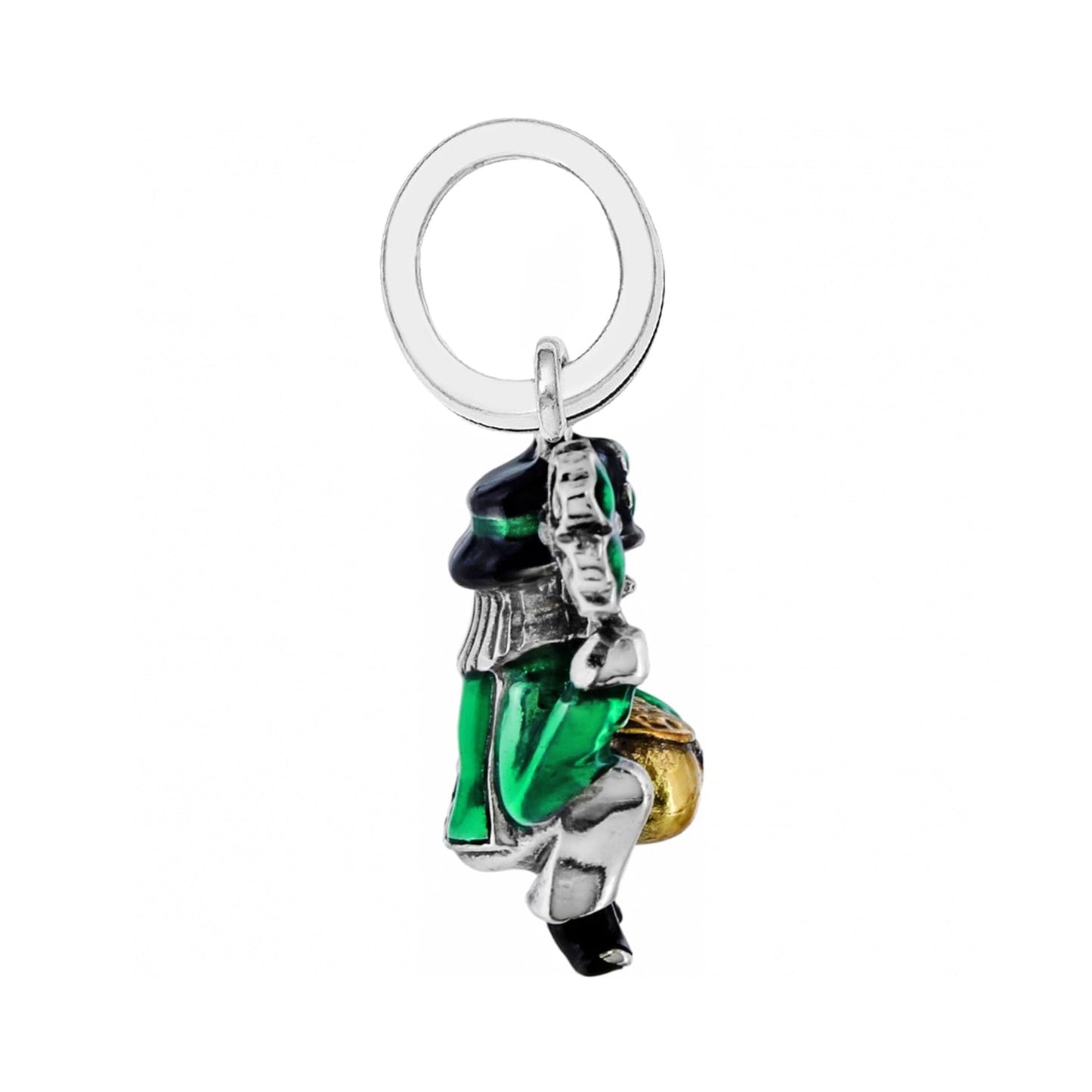 Brighton charm featuring a leprechaun in green and black enamel with gold pot and silver-plated ring on a white background