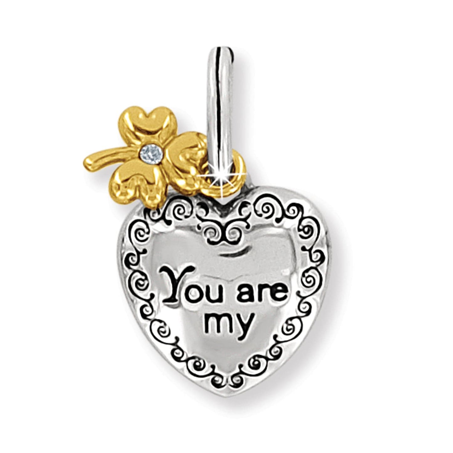 Brighton heart charm with You are my engraving, gold-tone clover accent, and crystal on a white background