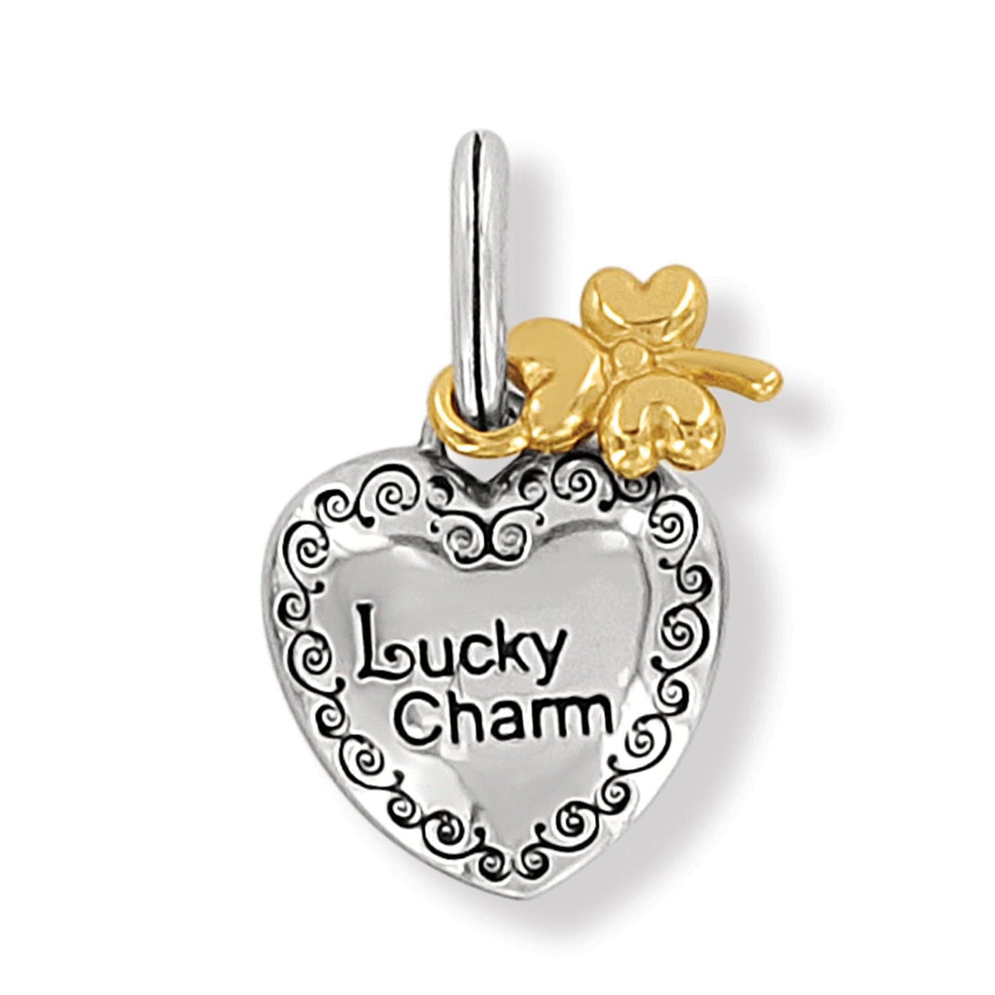 Brighton heart charm engraved with Lucky Charm, scroll border, and gold-tone clover accent on a white background