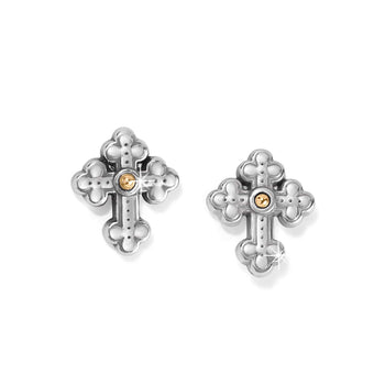 Brighton cross stud earrings in two-tone finish with silver-tone scrollwork and gold-tone center accents on a white background