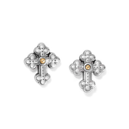 Brighton cross stud earrings in two-tone finish with silver-tone scrollwork and gold-tone center accents on a white background