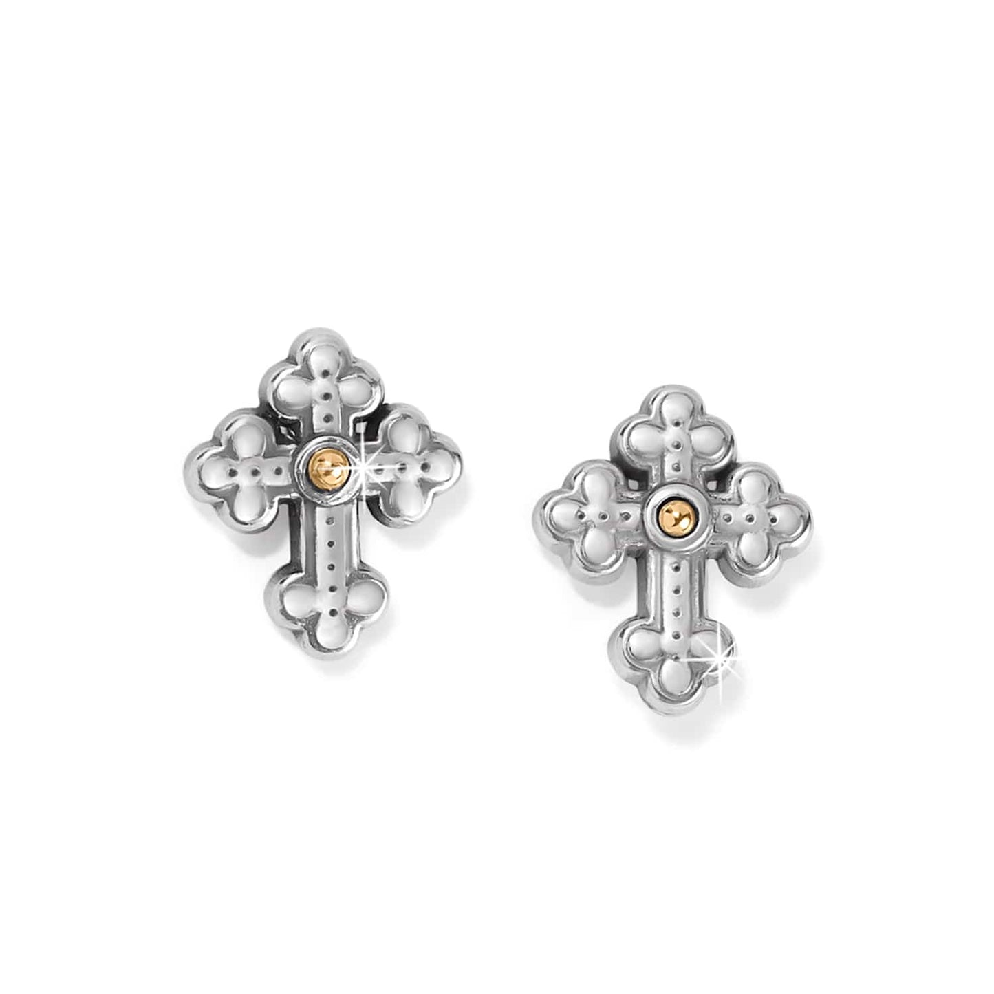 Brighton cross stud earrings in two-tone finish with silver-tone scrollwork and gold-tone center accents on a white background