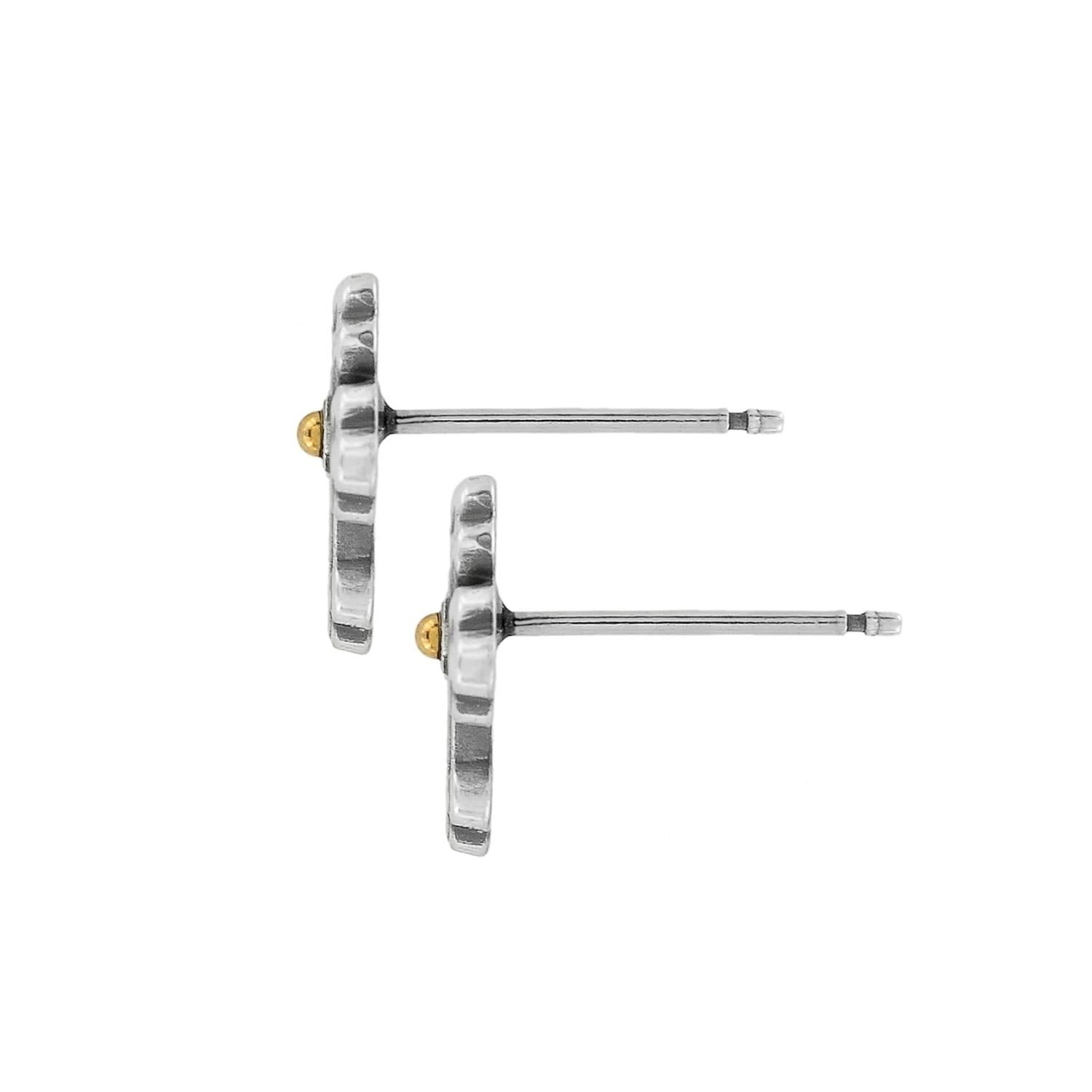 Brighton stud earrings shown from the side with two-tone finish and gold ball accents on a white background