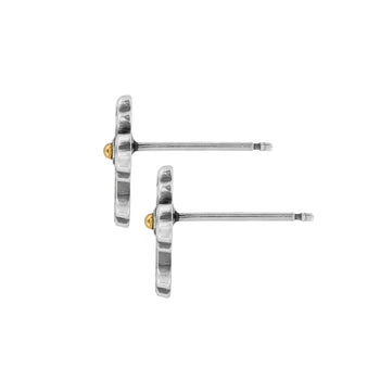 Brighton stud earrings shown from the side with two-tone finish and gold ball accents on a white background