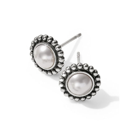 Brighton stud earrings with pearl centers and silver-plated beaded borders on a white background