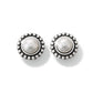 Brighton pearl stud earrings with silver-plated beaded halo border surrounding a round white pearl center on a white background