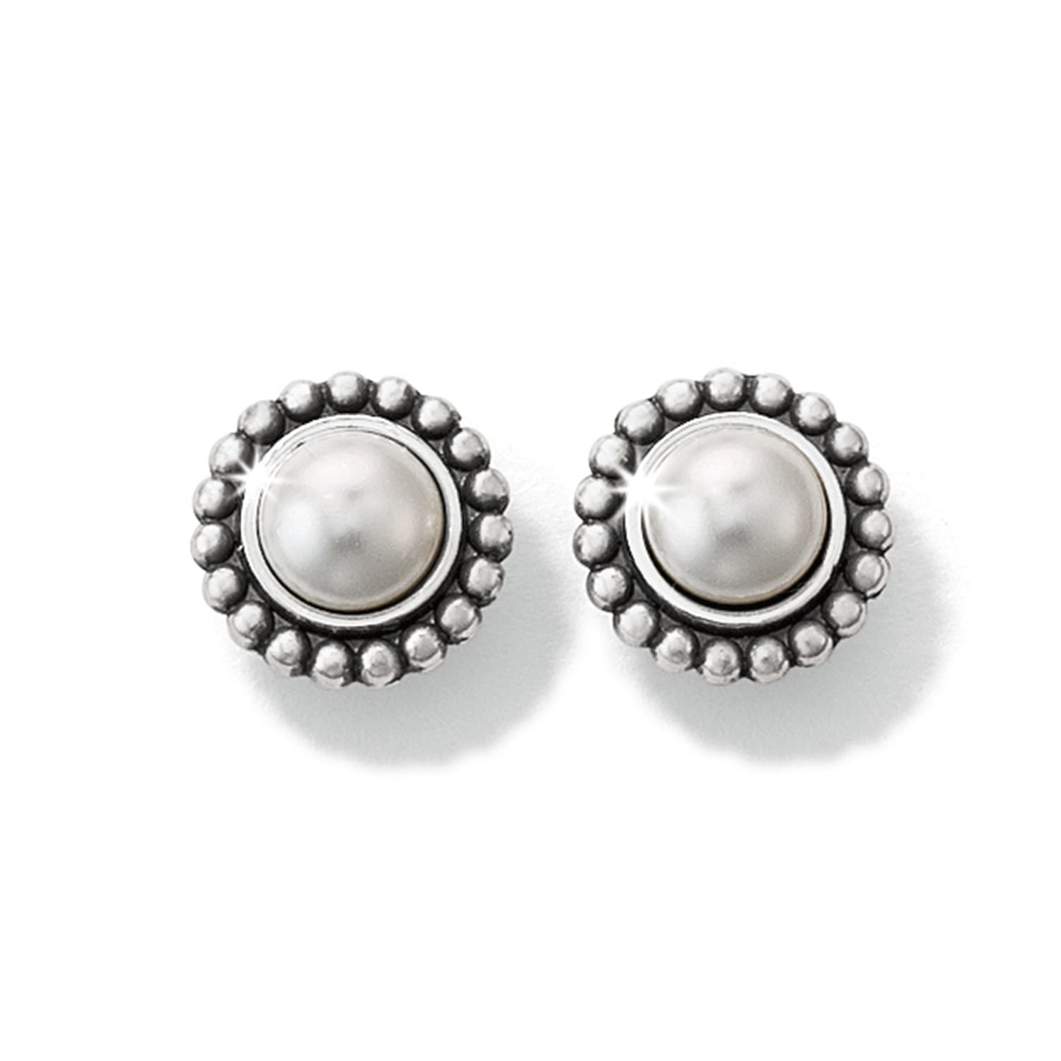 Brighton pearl stud earrings with silver-plated beaded halo border surrounding a round white pearl center on a white background