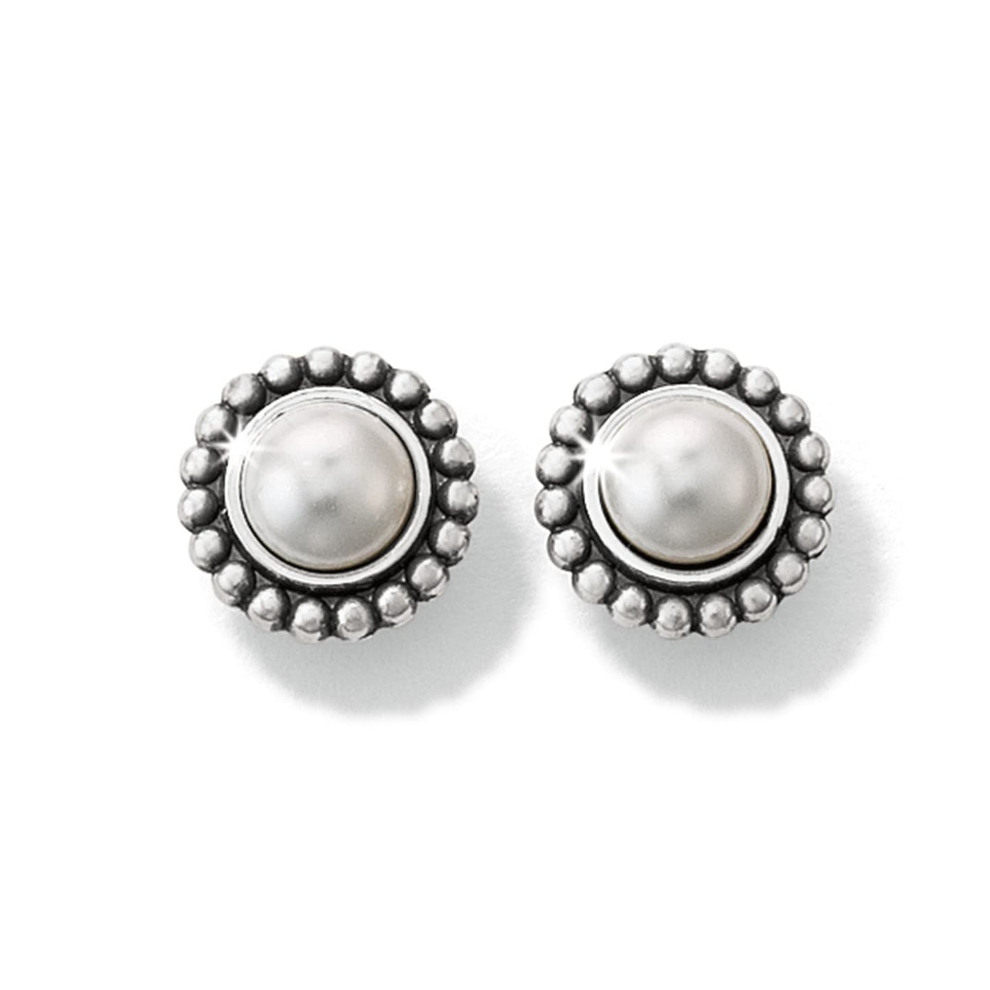 Brighton pearl stud earrings with silver-plated beaded halo border surrounding a round white pearl center on a white background