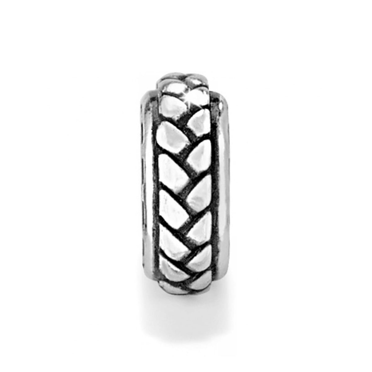 Brighton silver-plated spacer charm with braided rope pattern and oxidized detailing on a white background