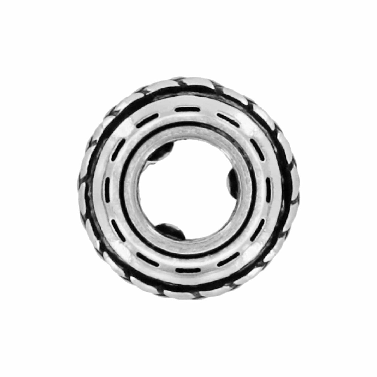 Brighton silver-plated bead charm with concentric ridged bands and dashed detailing shown from above on a white background