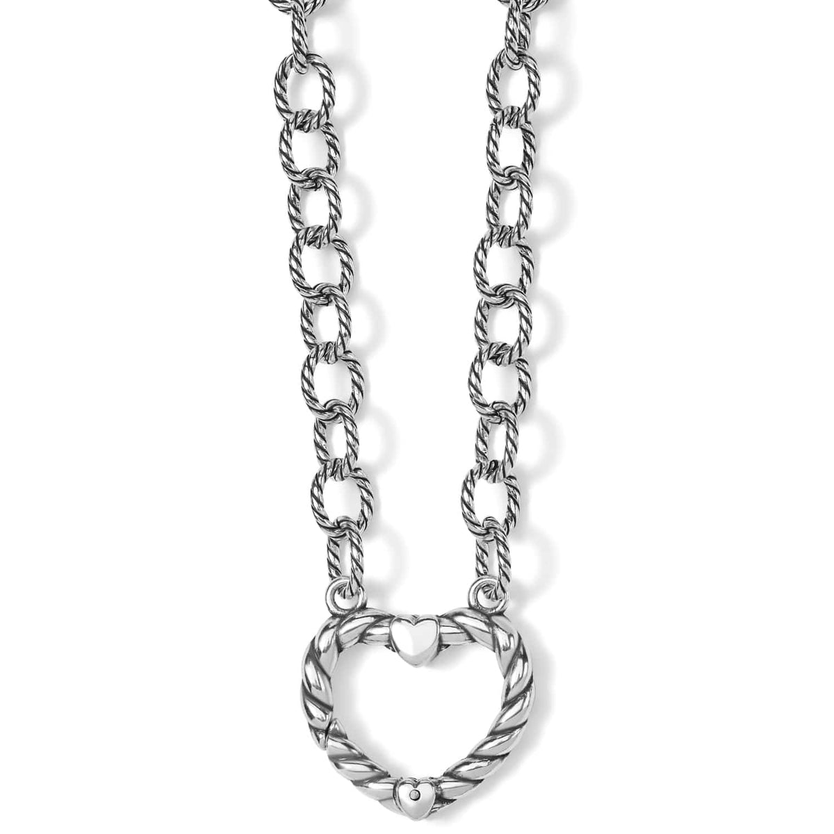 Brighton heart pendant necklace with silver-plated twisted rope chain and open heart charm on a white background