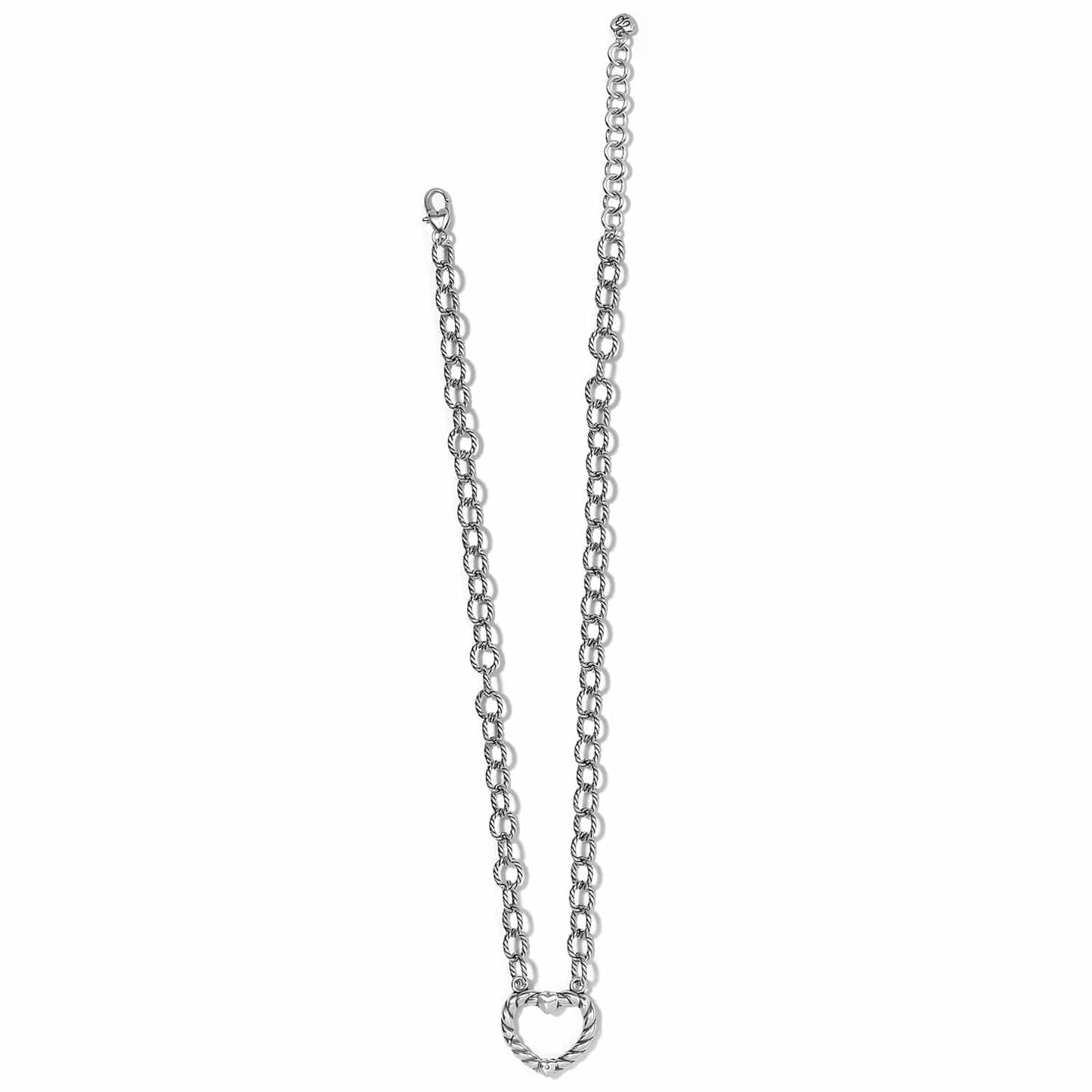 Brighton silver-plated link necklace with twisted rope chain, open heart pendant, and lobster clasp on a white background