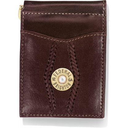 Brighton leather wallet in brown with braided accents and Federal 12 GA brass medallion on a white background