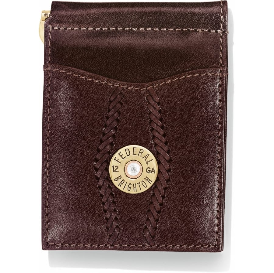 Brighton leather wallet in brown with braided accents and Federal 12 GA brass medallion on a white background
