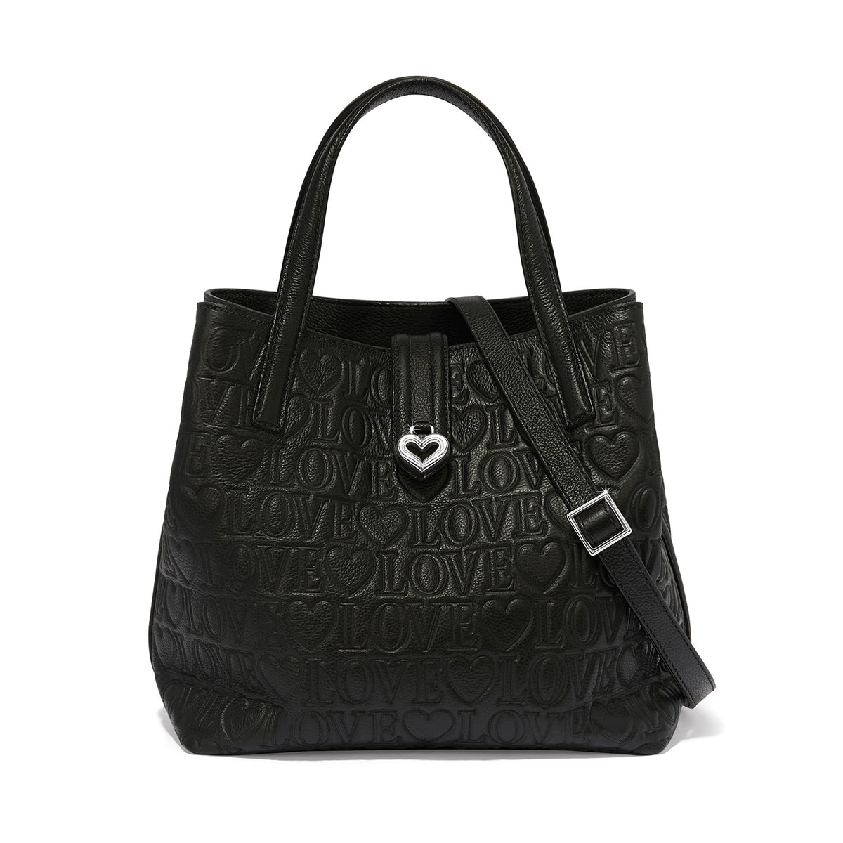Brighton handbag in black leather with embossed love and heart pattern, silver-tone heart clasp on a white background