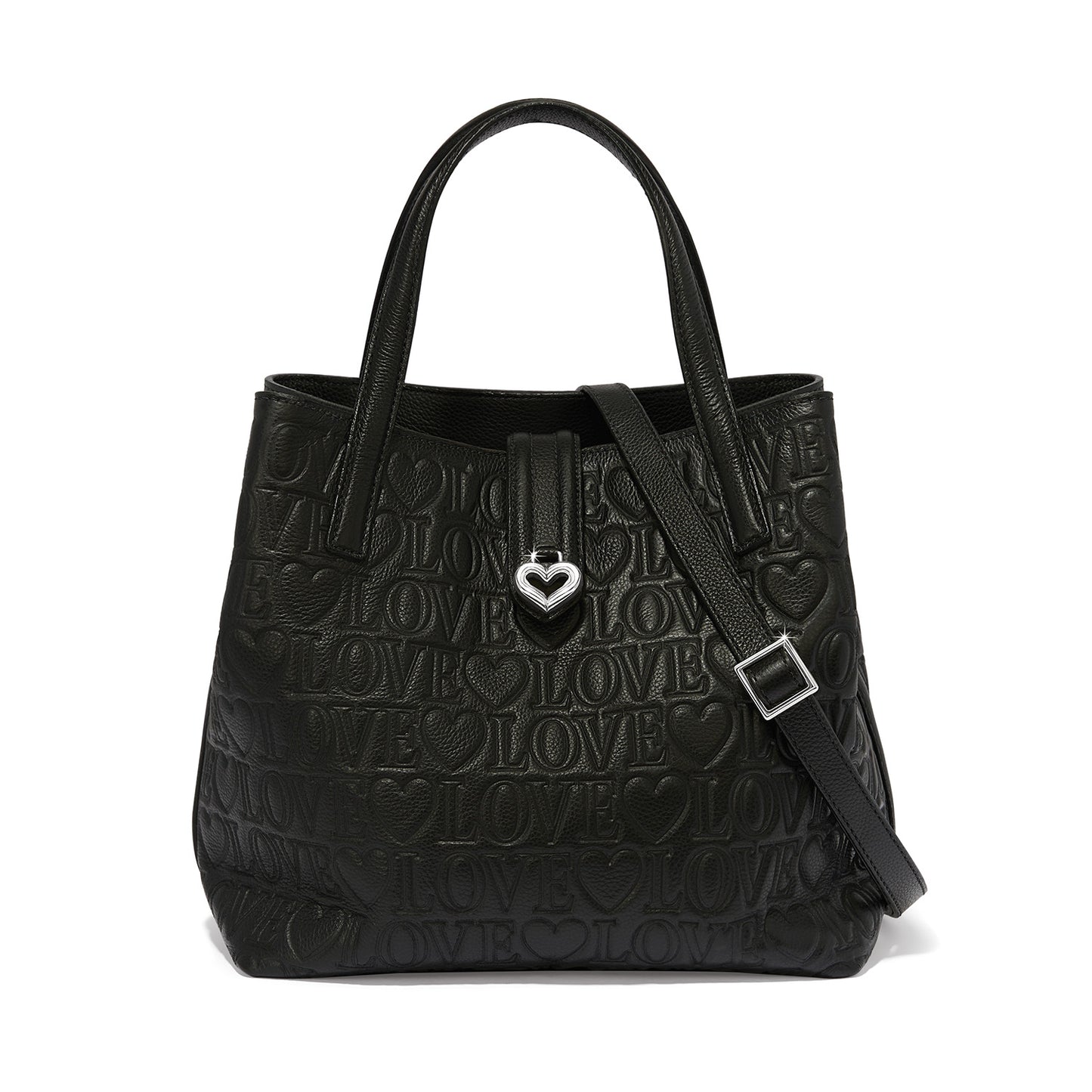 Brighton handbag in black leather with embossed love and heart pattern, silver-tone heart clasp on a white background